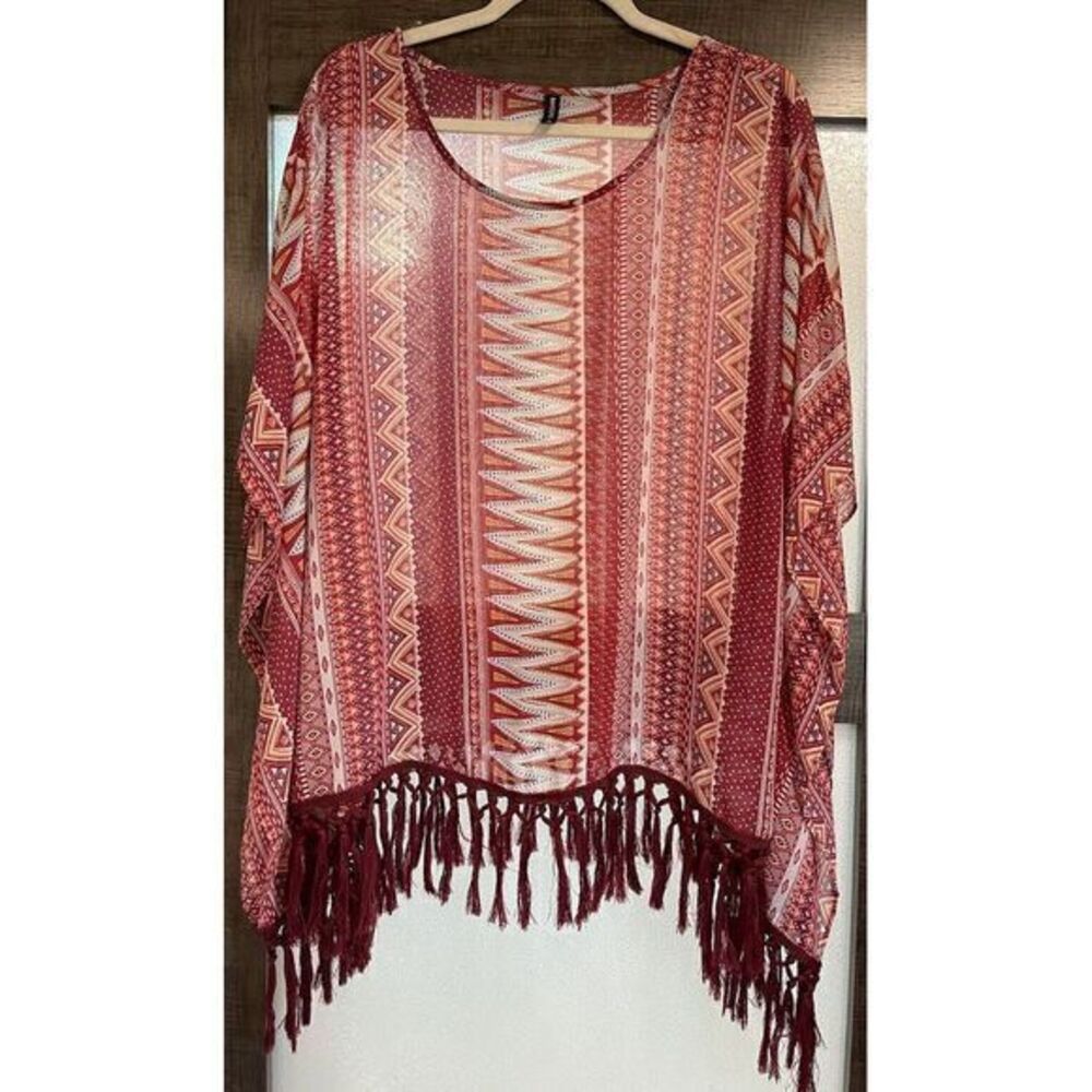 Massini Tribal Ethnic Printed‎ Caftan Top 3/4 Sleeve Semi-Sheer Poncho Boho Sz M